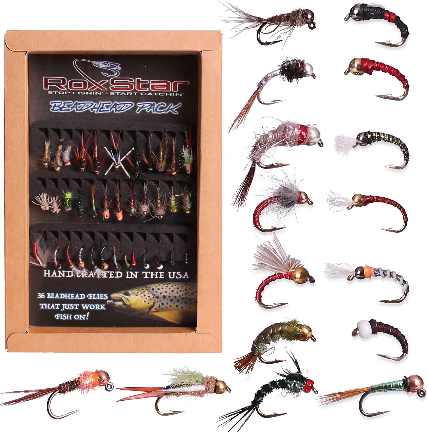 RoxStar Fly Fishing Shop | Proudly Hand Tied in The USA | Midge & Scud Trout Fly Assortment | Top 36 Producing Midge & Scud Trout Flies | Gift Box